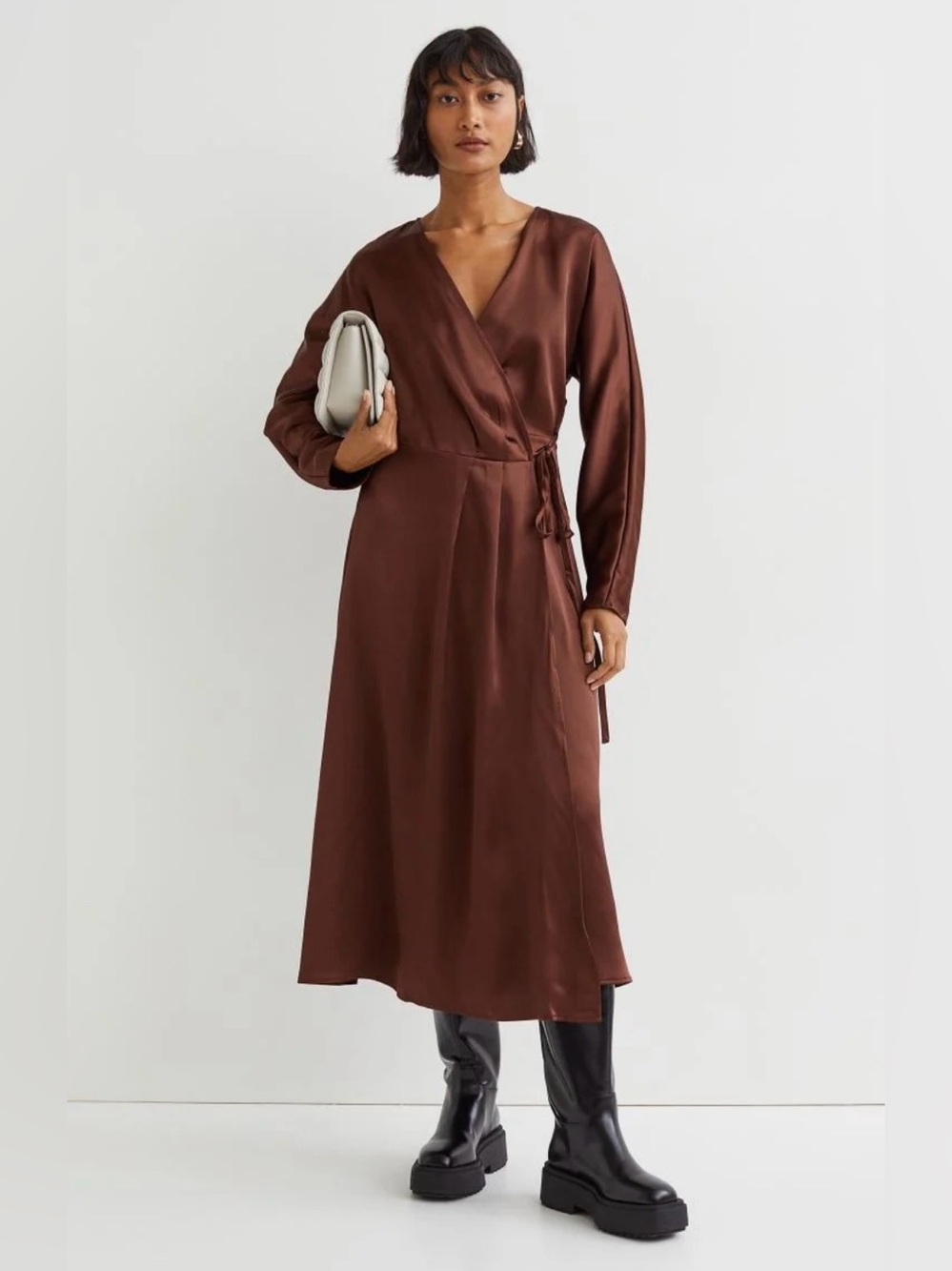 Chocolate brown satin feel wrap dress S ptp 18”